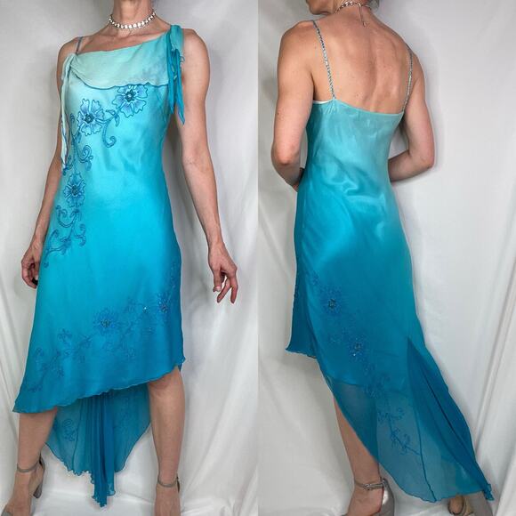 Cache beaded sequin floral slip dress Elsa ombre blue asymmetric fairy prom M - Picture 13 of 16